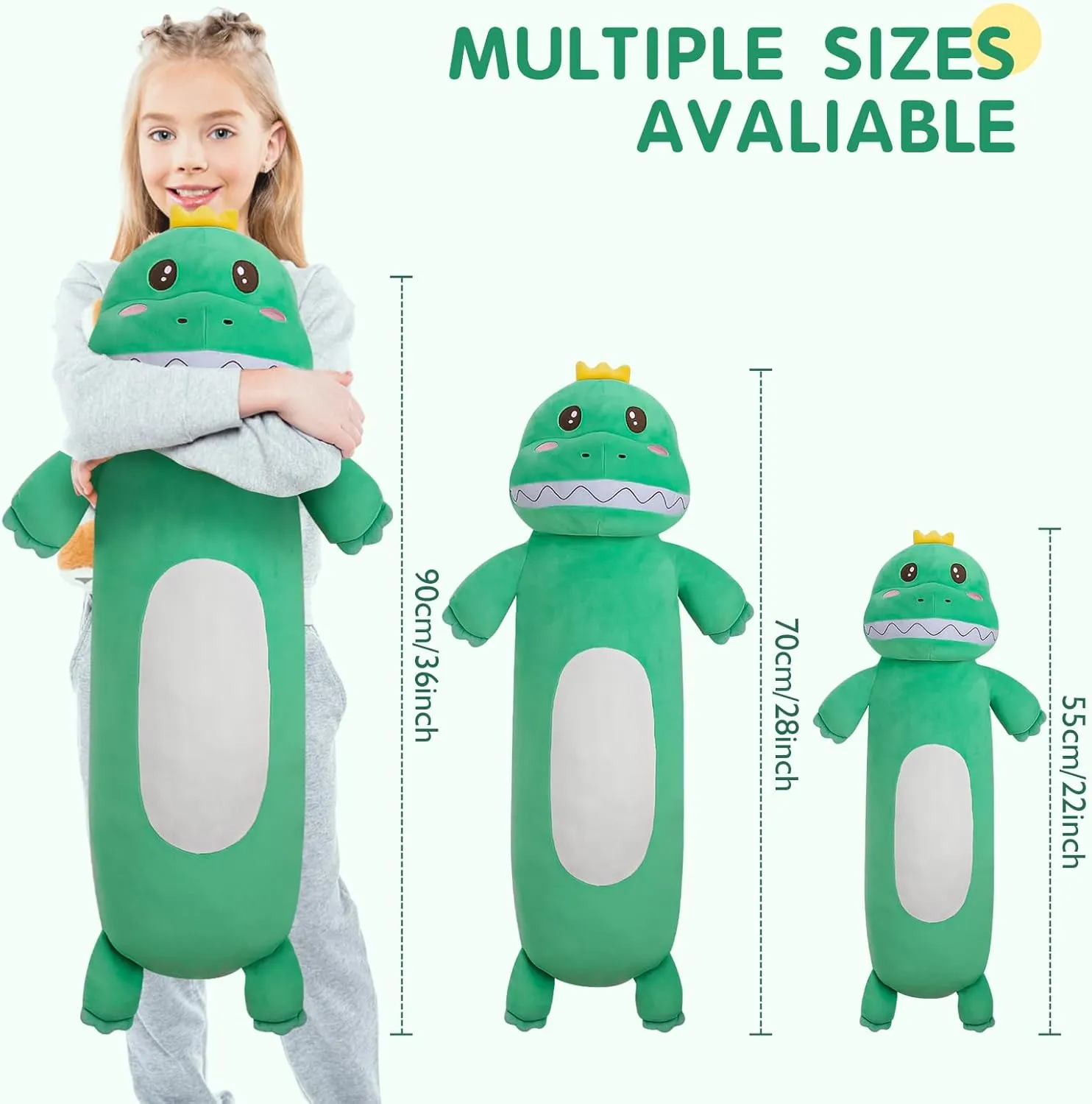 22'' Long Dinosaur Plush Body Pillow, Cute Green Dinosaur Stuffed Animals, Soft Body Pillow Dinosaur Squishy Plushies Toy, Gifts for Kids Boys Girls, Birthdays