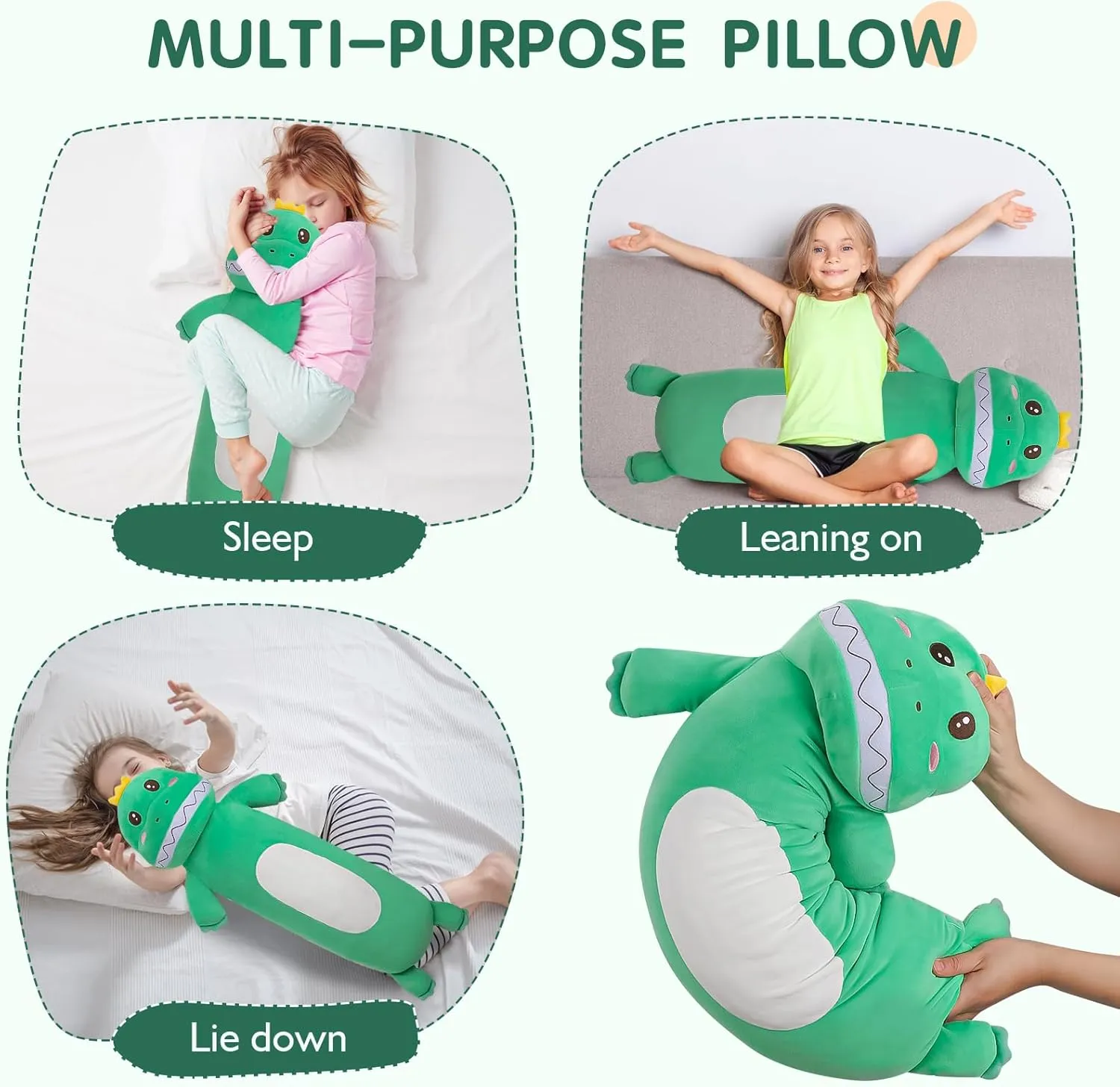 22'' Long Dinosaur Plush Body Pillow, Cute Green Dinosaur Stuffed Animals, Soft Body Pillow Dinosaur Squishy Plushies Toy, Gifts for Kids Boys Girls, Birthdays