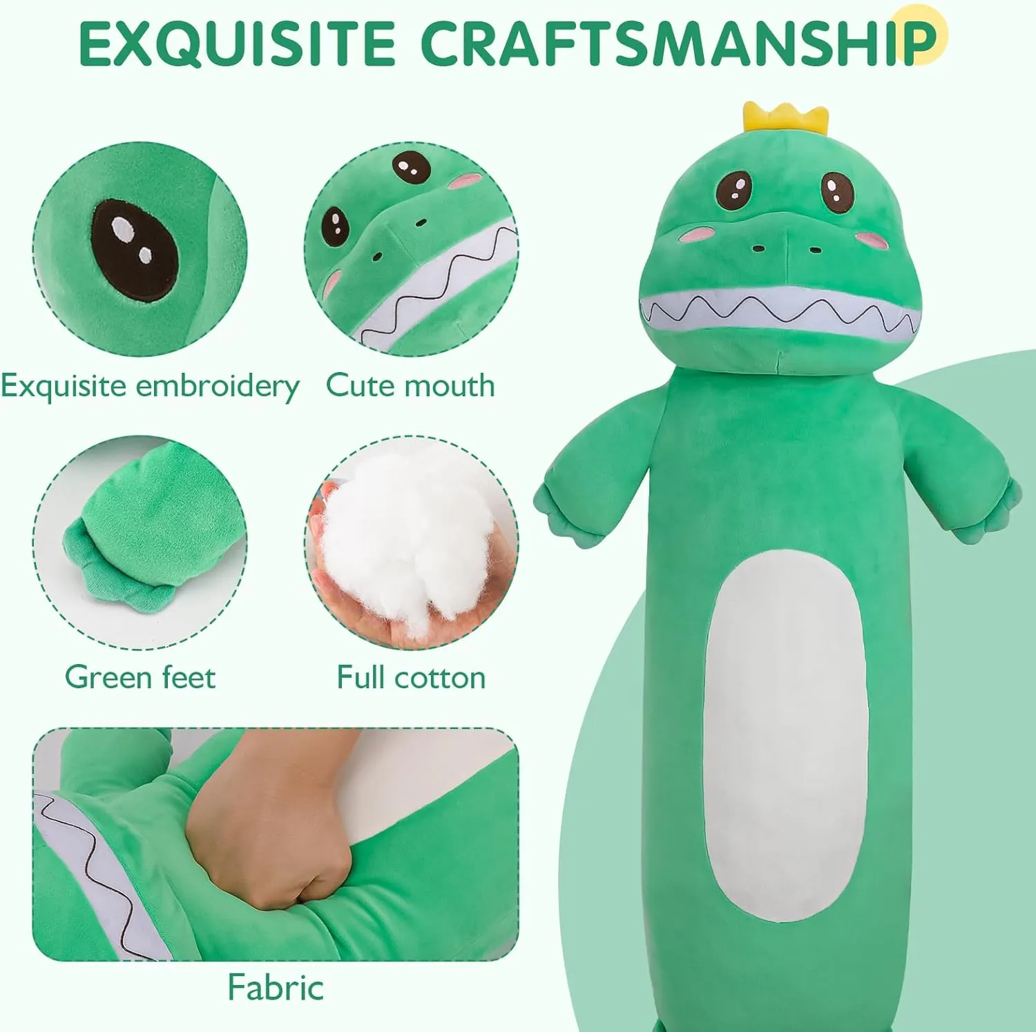 22'' Long Dinosaur Plush Body Pillow, Cute Green Dinosaur Stuffed Animals, Soft Body Pillow Dinosaur Squishy Plushies Toy, Gifts for Kids Boys Girls, Birthdays