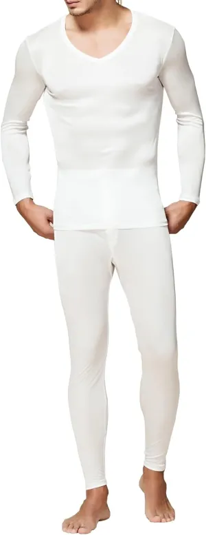 2Pcs Mens Pure Silk Winter Thermal Set Soft Underwear Base Longsleeve Johns Set Crew V Neck Silk Shirt Pants