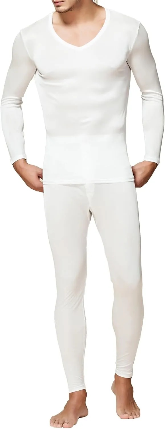 2Pcs Mens Pure Silk Winter Thermal Set Soft Underwear Base Longsleeve Johns Set Crew V Neck Silk Shirt Pants
