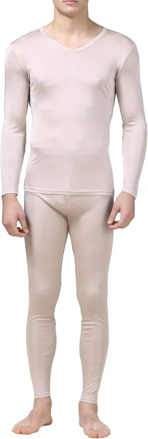 2Pcs Mens Pure Silk Winter Thermal Set Soft Underwear Base Longsleeve Johns Set Crew V Neck Silk Shirt Pants