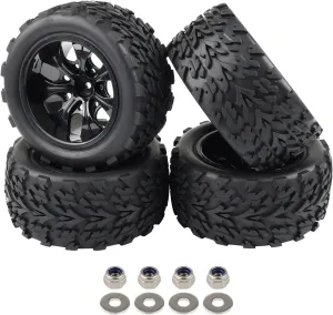 4 Pack 12mm Hex RC Wheels and Tires for 1/10 Monster Truck Tyre (with Nuts and Washers), RC Car Parts