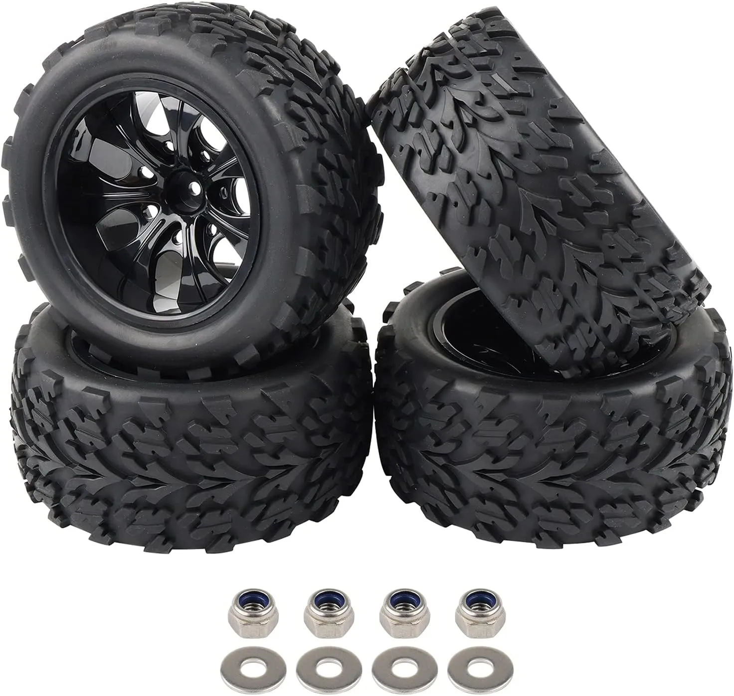 4 Pack 12mm Hex RC Wheels and Tires for 1/10 Monster Truck Tyre (with Nuts and Washers), RC Car Parts