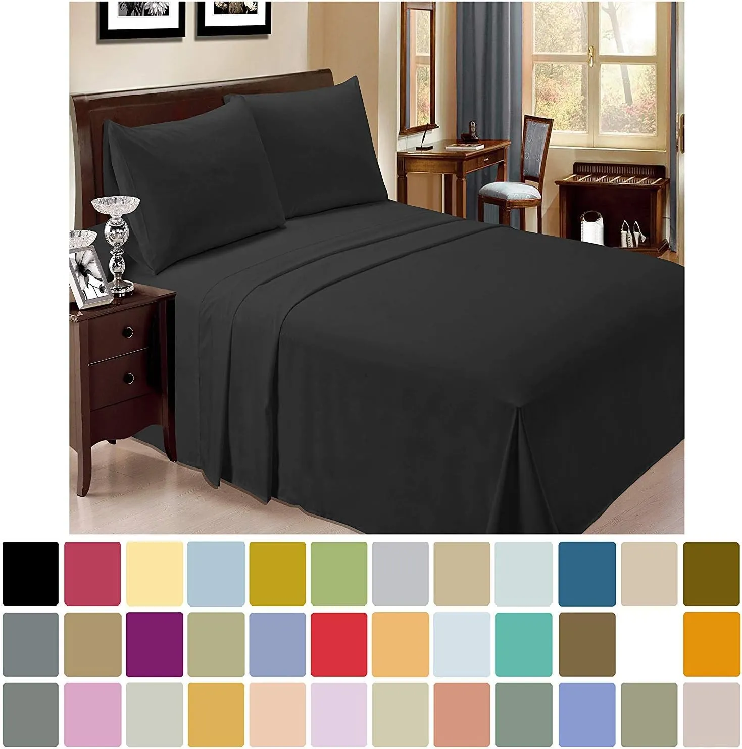 800-Thread-Count 100% Cotton Sheet Pure Black King-Sheets Set, 4-Piece Long-Staple Cotton Best-Bedding Sheets for Bed, Soft & Silky Sateen Weave Fits Mattress Upto 16'' Deep Pocket