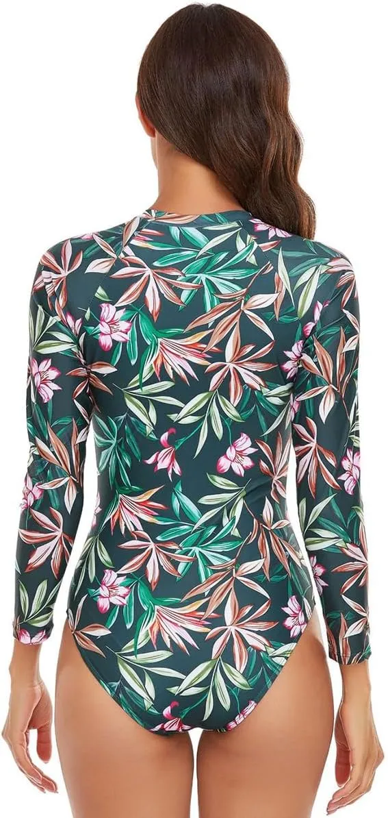 ABAFIP Women's Long Sleeve Rash Guard Bathing Suit Zip up One Piece Swimsuits Modest Surfing Swimwear
