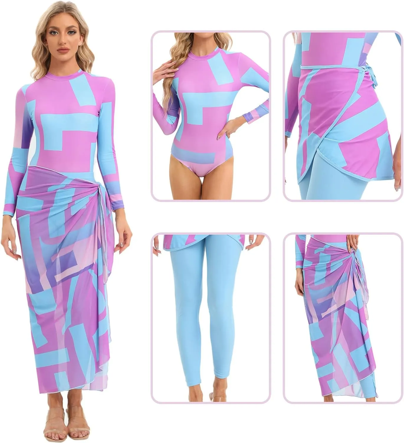 ABAFIP Women's Modest Muslim Swimwear Rash Guard Long Sleeve Swimsuit Pants Skirt Sarong Cover ups Bathing Suit