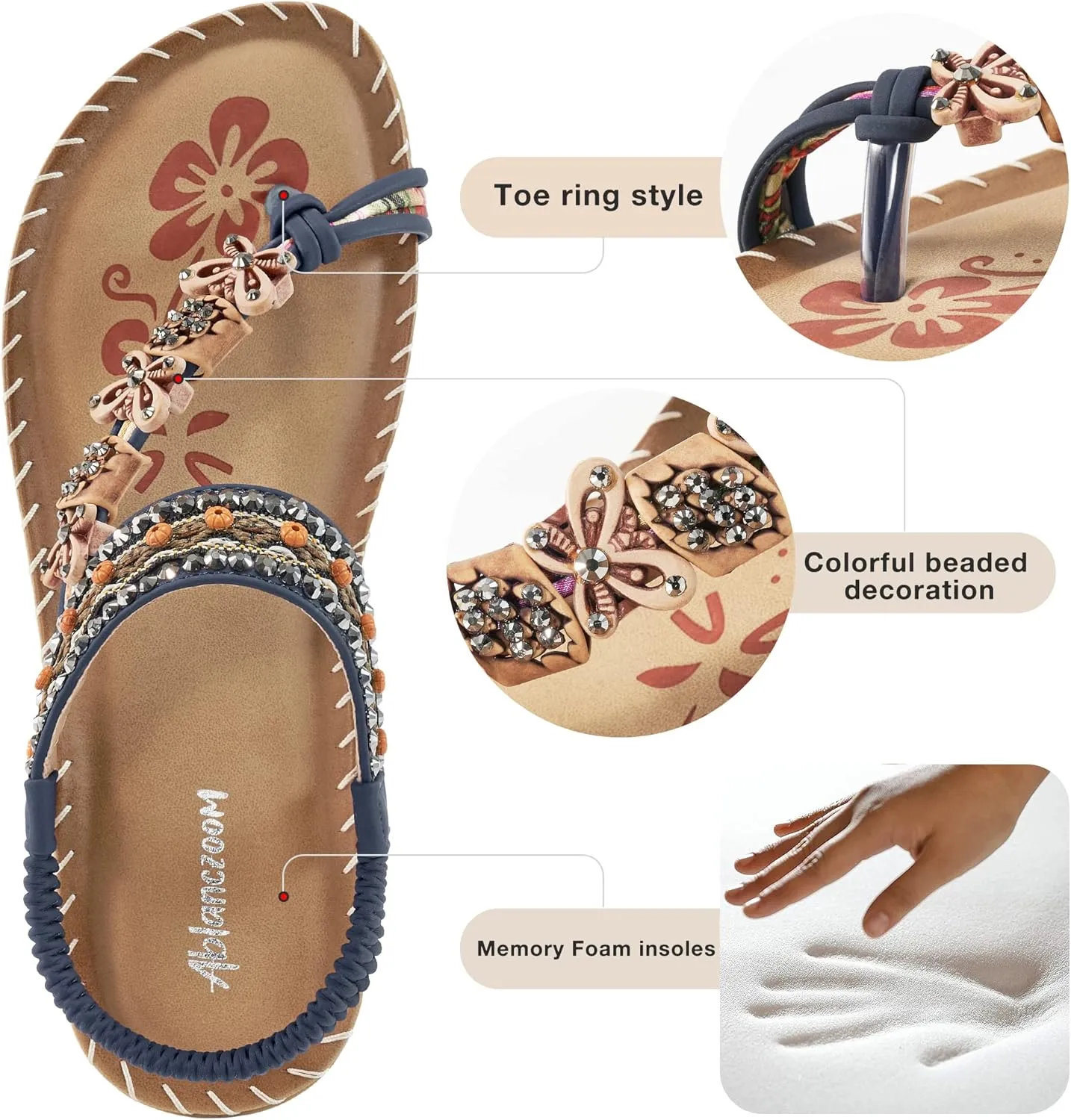 Ablanczoom Womens Sandals Flats Shoes: Comfortable Bohemian Beaded Dressy Summer Flat Casual Ankle Strap Elastic Slip on Beach Sandal
