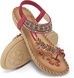 Ablanczoom Womens Sandals Flats Shoes: Comfortable Bohemian Beaded Dressy Summer Flat Casual Ankle Strap Elastic Slip on Beach Sandal