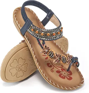 Ablanczoom Womens Sandals Flats Shoes: Comfortable Bohemian Beaded Dressy Summer Flat Casual Ankle Strap Elastic Slip on Beach Sandal