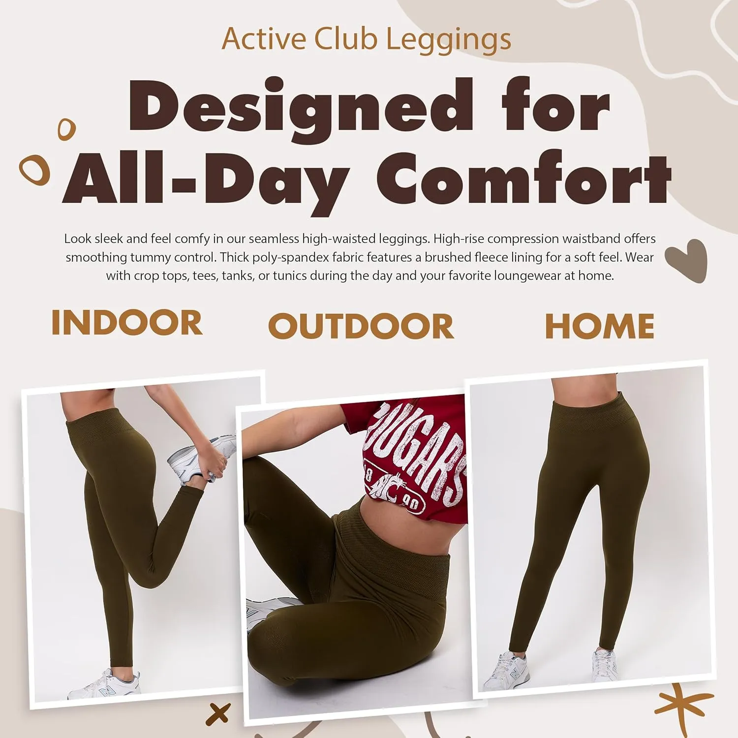 Active Club 3 or 6-Pack Fleece Lined Leggings for Women, High-Waisted Women’s Leggings with Wide Waistband and Fleece Lining