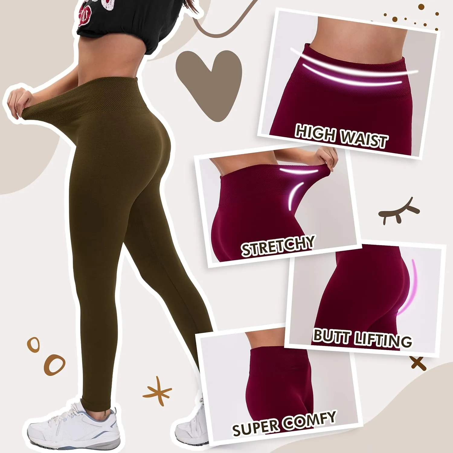 Active Club 3 or 6-Pack Fleece Lined Leggings for Women, High-Waisted Women’s Leggings with Wide Waistband and Fleece Lining