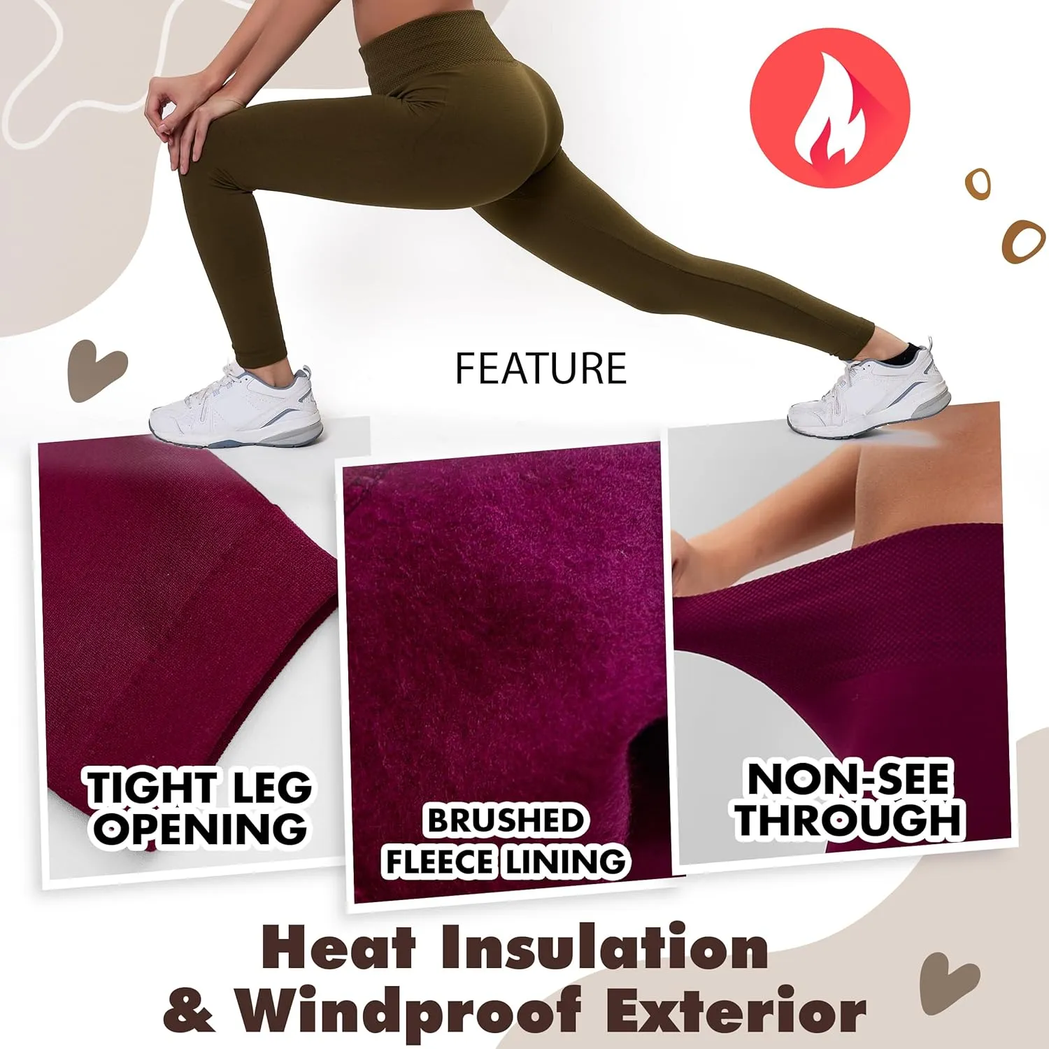Active Club 3 or 6-Pack Fleece Lined Leggings for Women, High-Waisted Women’s Leggings with Wide Waistband and Fleece Lining