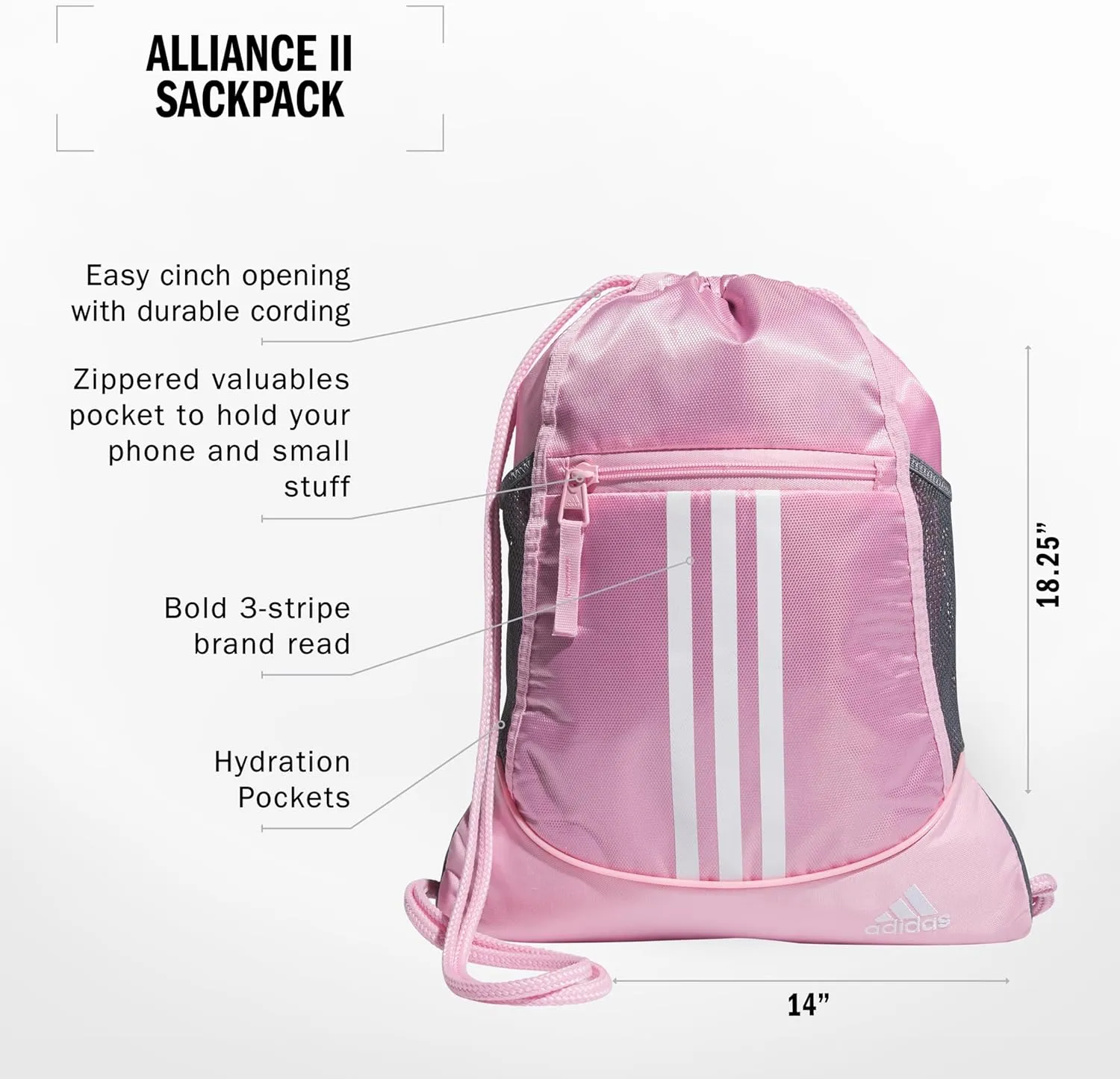 adidas Alliance Sackpack, Drawstring, Lightweight Small Gym Bag for Women, Soccer Backpack, True Pink/White, One Size