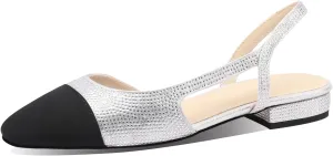 Adrizzlein Womens Slingback Flat Pumps Closed Round Toe Two Toned Casual Flat Office Shoes