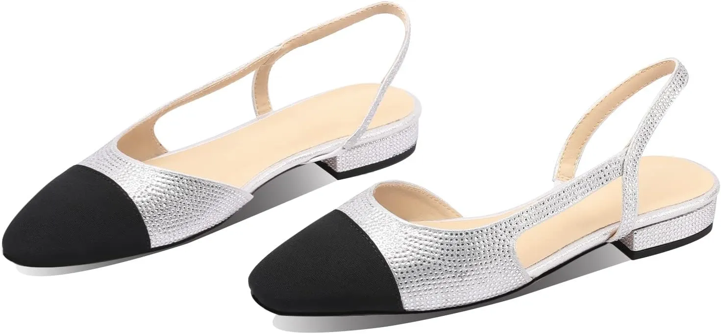 Adrizzlein Womens Slingback Flat Pumps Closed Round Toe Two Toned Casual Flat Office Shoes