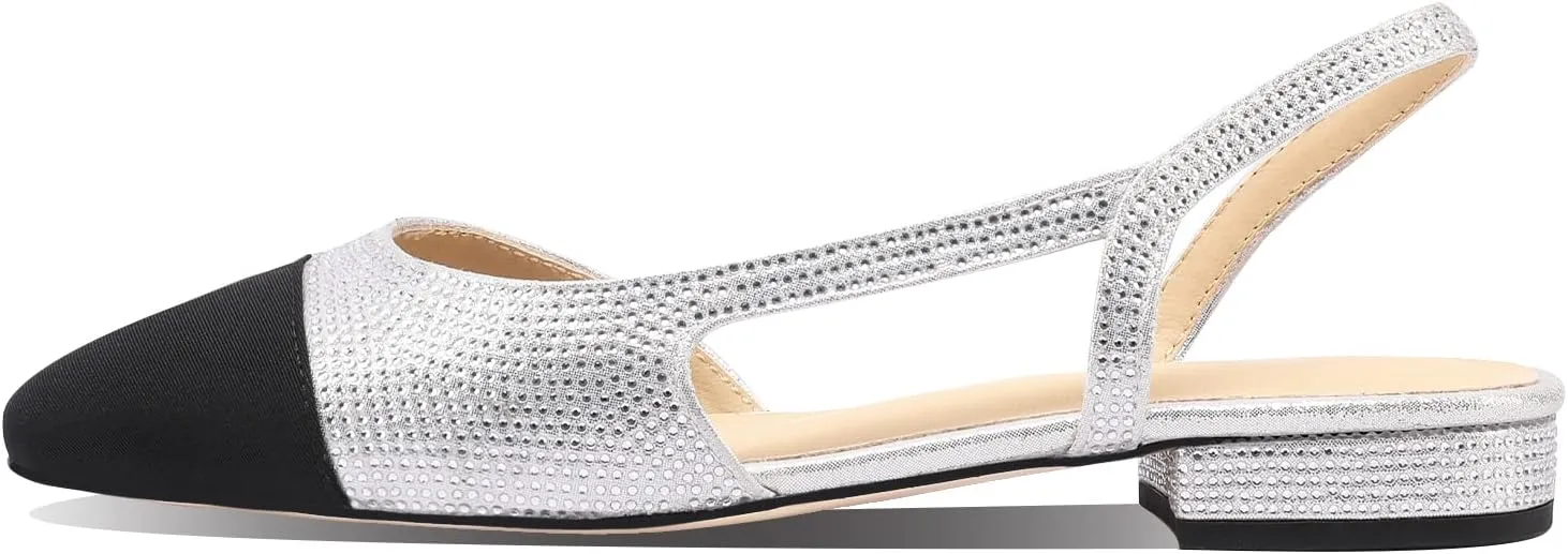 Adrizzlein Womens Slingback Flat Pumps Closed Round Toe Two Toned Casual Flat Office Shoes