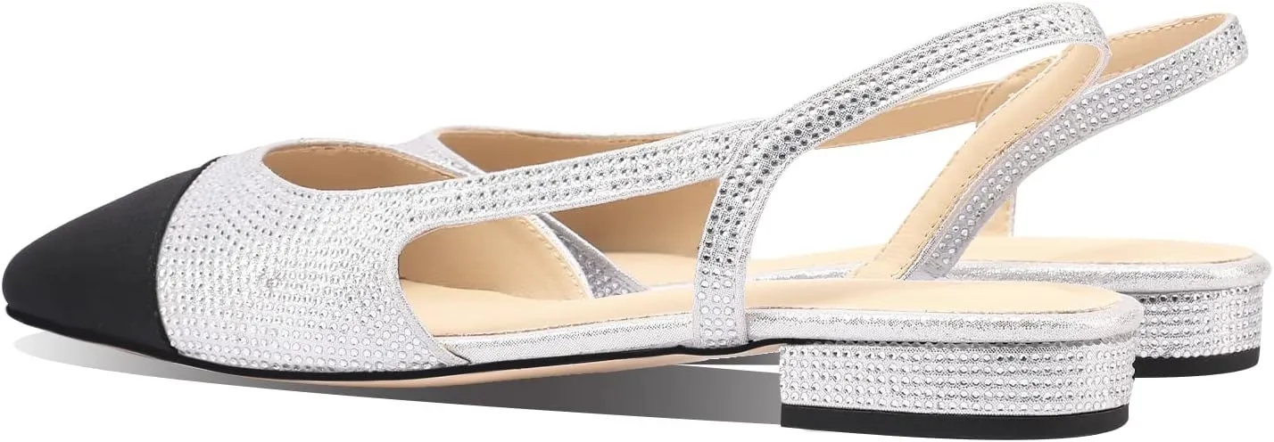 Adrizzlein Womens Slingback Flat Pumps Closed Round Toe Two Toned Casual Flat Office Shoes