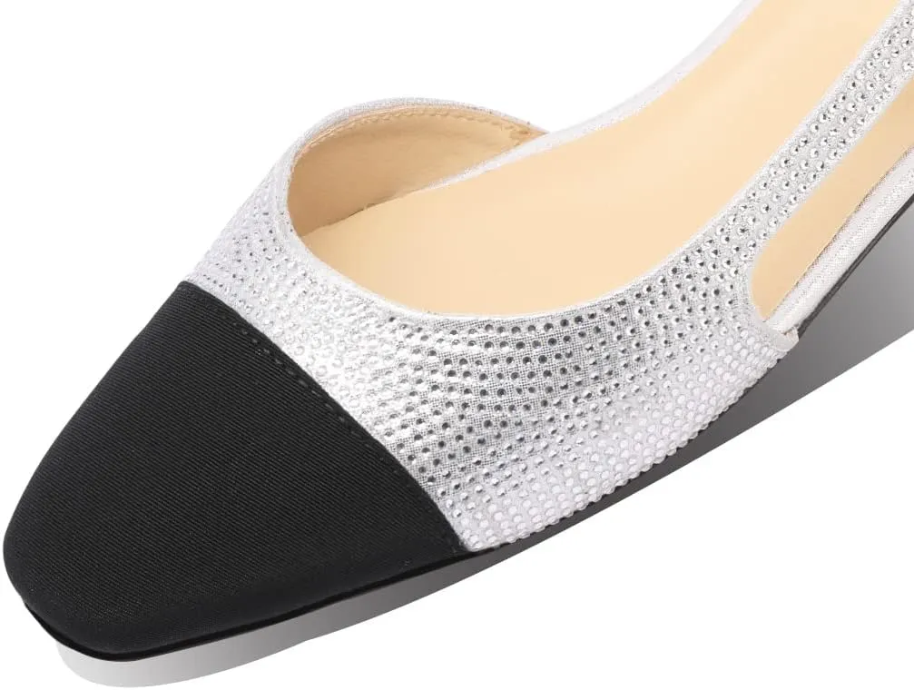 Adrizzlein Womens Slingback Flat Pumps Closed Round Toe Two Toned Casual Flat Office Shoes