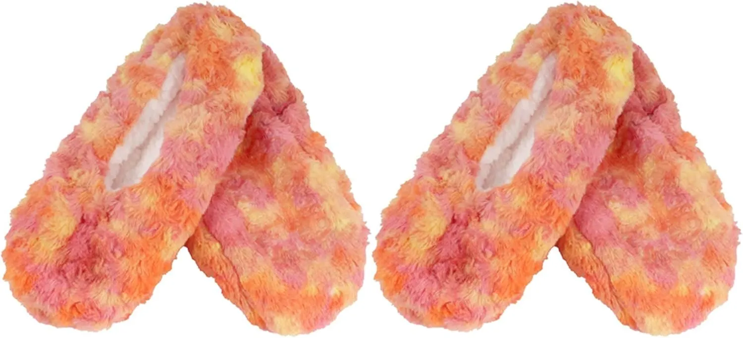 Adult Super Soft Warm Cozy Fuzzy Tie Dye Slippers Non-Slip Lined Socks, Indoor Travel Home Slippers, 2 Pairs