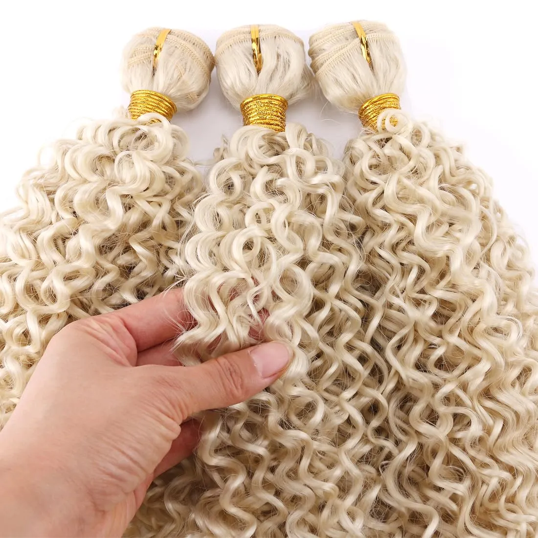 Afro Kinky Curly Synthetic Hair Weave 3 Bundles 18 20 22 Inches Blonde 300 Gram Jerry Curly Bundle High Temperature Fiber Hair Extensions for Black Women Color 613