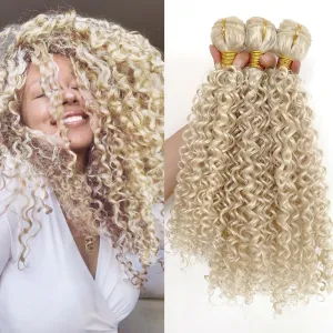 Afro Kinky Curly Synthetic Hair Weave 3 Bundles 18 20 22 Inches Blonde 300 Gram Jerry Curly Bundle High Temperature Fiber Hair Extensions for Black Women Color 613