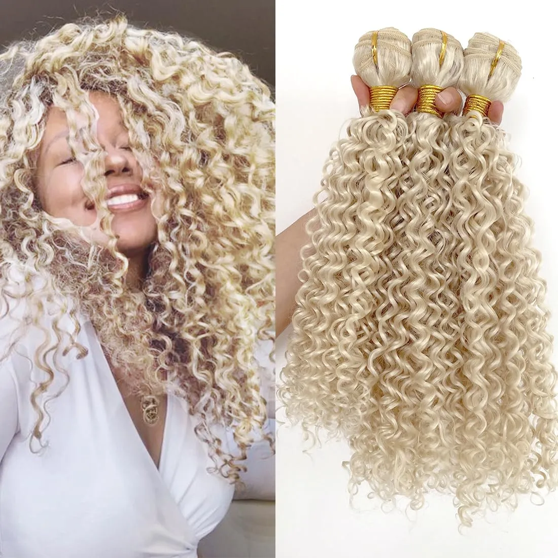 Afro Kinky Curly Synthetic Hair Weave 3 Bundles 18 20 22 Inches Blonde 300 Gram Jerry Curly Bundle High Temperature Fiber Hair Extensions for Black Women Color 613