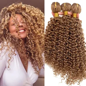 Afro Kinky Curly Synthetic Hair Weave 3 Bundles 18 20 22 Inches Color Golden 300 Gram Jerry Curly Bundle High Temperature Fiber Hair Extensions for Black Women