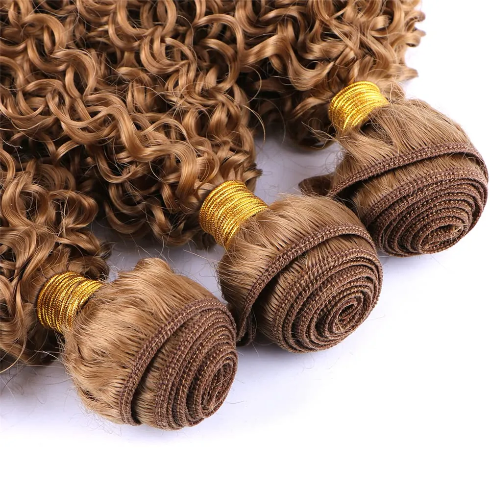 Afro Kinky Curly Synthetic Hair Weave 3 Bundles 18 20 22 Inches Color Golden 300 Gram Jerry Curly Bundle High Temperature Fiber Hair Extensions for Black Women
