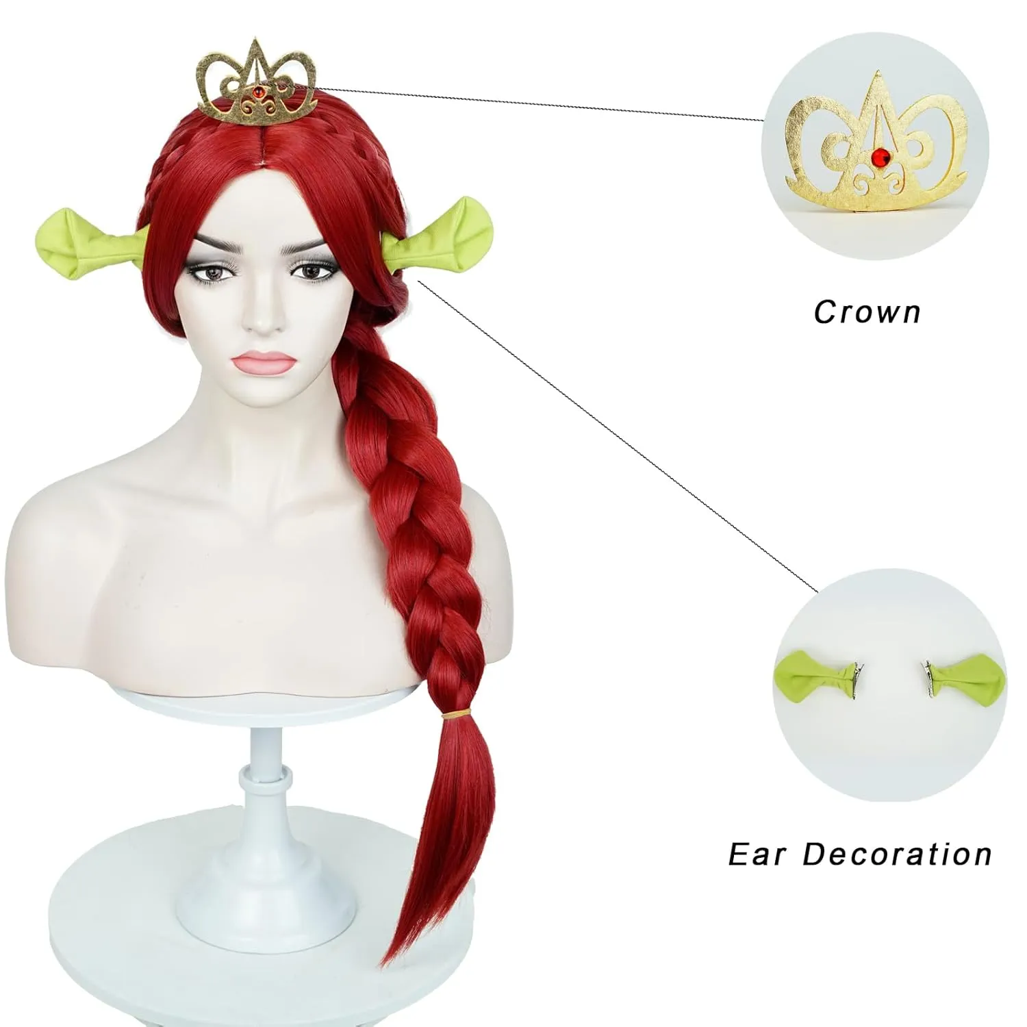 Aicos Red Braid Princess Wig for Women 29.5Inch Red Long Braid Wig with Crown and Ears for Halloween Costume Party
