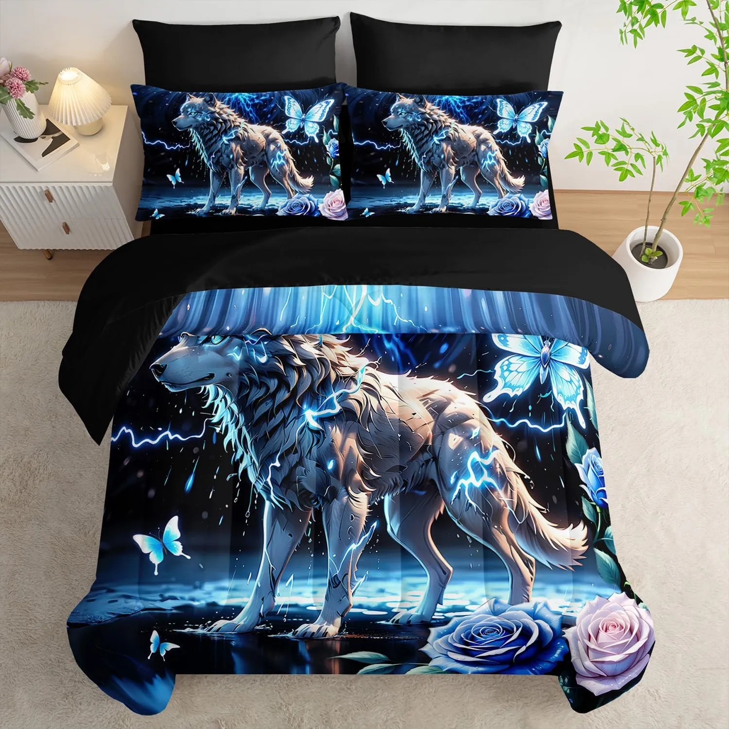 AILONEN Boys Wolf Comforter Set Queen,7-Piece Soft Bed in a Bag for Kids Teen,Blue Lightning Animal Wolf Comforter & Fitted Sheet with Flat Sheet & 2 Pillowcases,2 Pillow Shams for Bedroom
