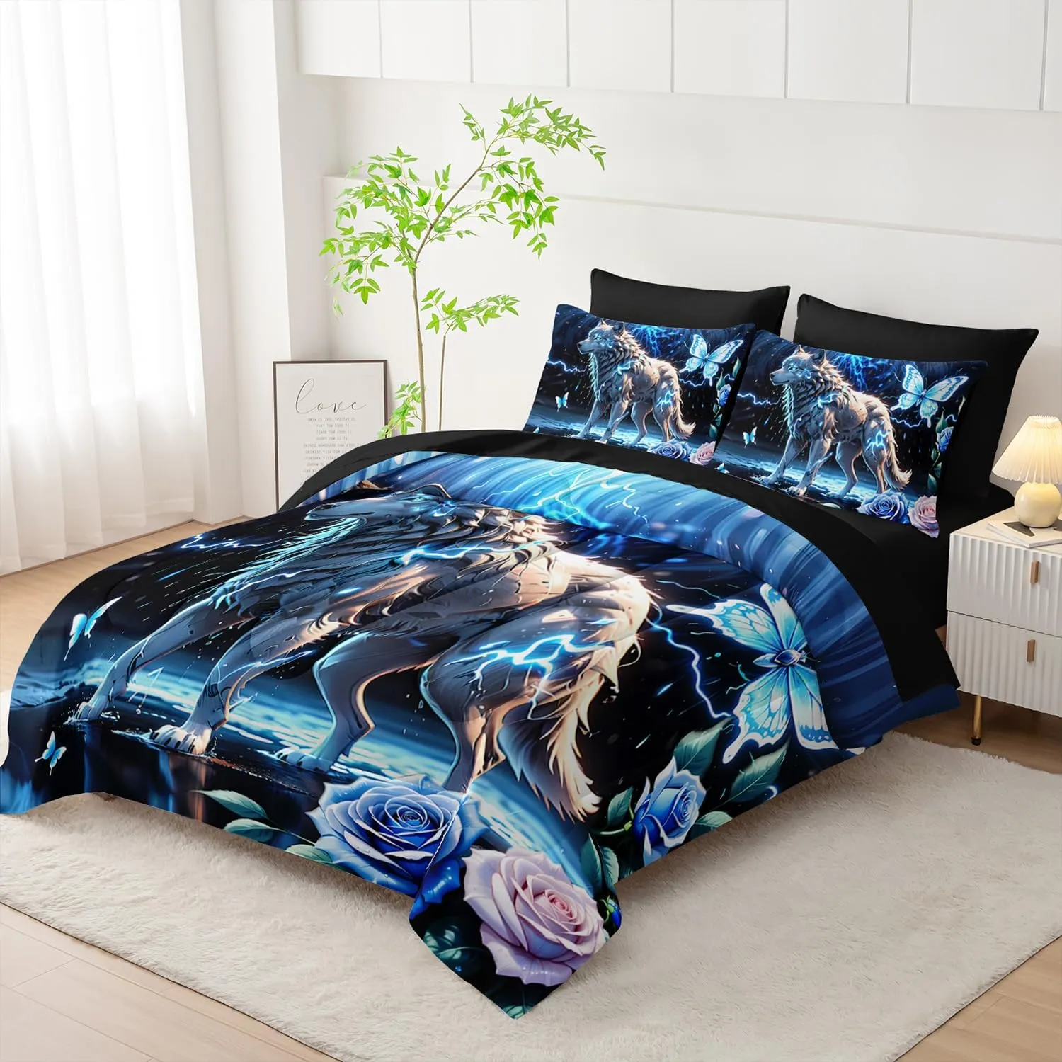 AILONEN Boys Wolf Comforter Set Queen,7-Piece Soft Bed in a Bag for Kids Teen,Blue Lightning Animal Wolf Comforter & Fitted Sheet with Flat Sheet & 2 Pillowcases,2 Pillow Shams for Bedroom