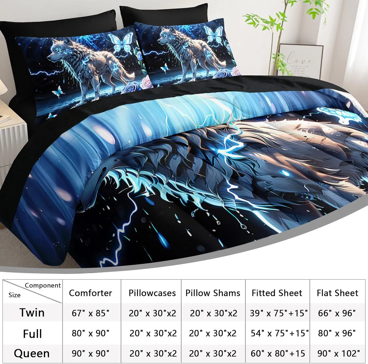 AILONEN Boys Wolf Comforter Set Queen,7-Piece Soft Bed in a Bag for Kids Teen,Blue Lightning Animal Wolf Comforter & Fitted Sheet with Flat Sheet & 2 Pillowcases,2 Pillow Shams for Bedroom