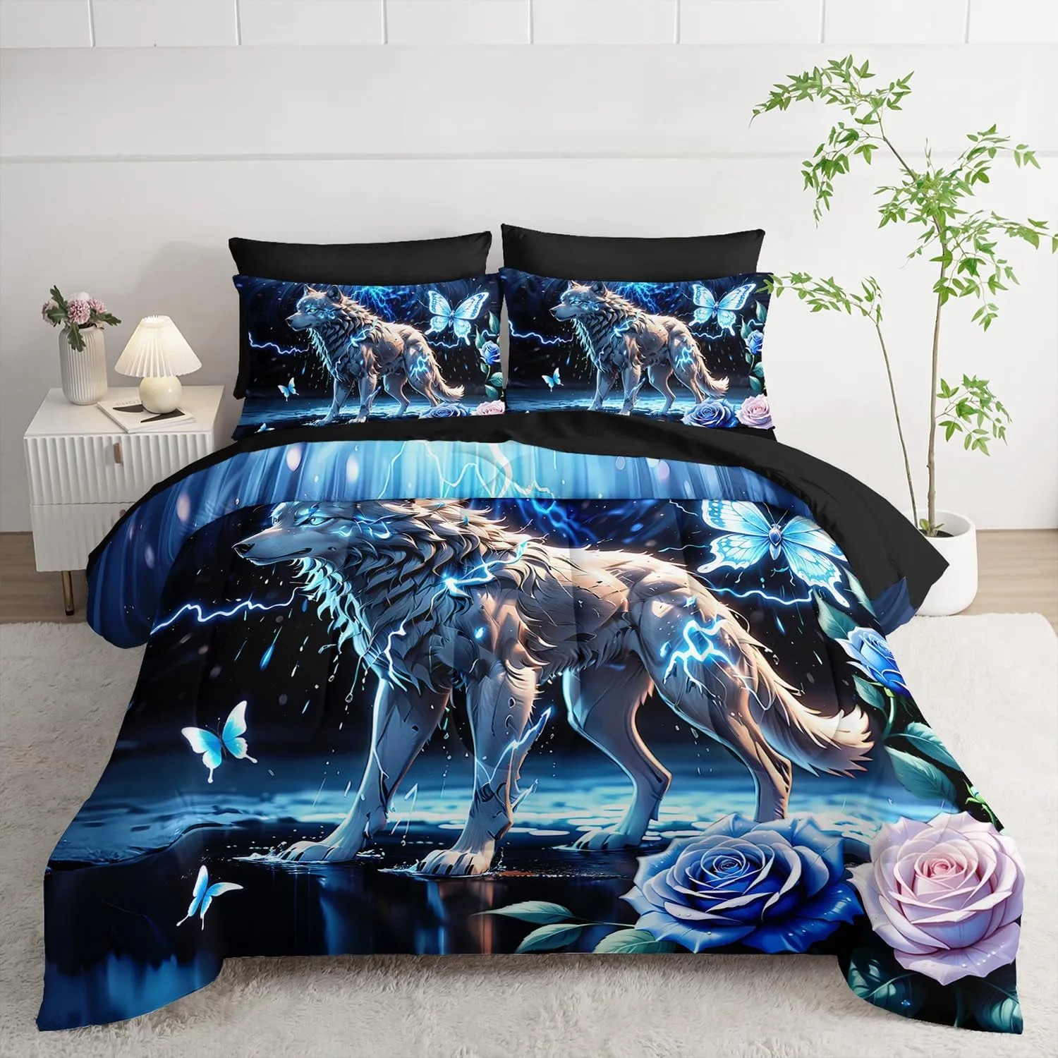 AILONEN Boys Wolf Comforter Set Queen,7-Piece Soft Bed in a Bag for Kids Teen,Blue Lightning Animal Wolf Comforter & Fitted Sheet with Flat Sheet & 2 Pillowcases,2 Pillow Shams for Bedroom
