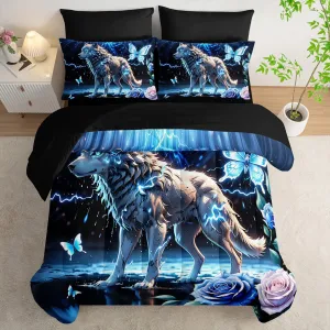 AILONEN Boys Wolf Comforter Set Queen,7-Piece Soft Bed in a Bag for Kids Teen,Blue Lightning Animal Wolf Comforter & Fitted Sheet with Flat Sheet & 2 Pillowcases,2 Pillow Shams for Bedroom