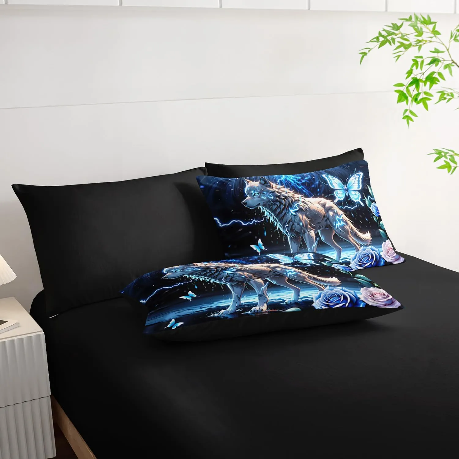 AILONEN Boys Wolf Comforter Set Queen,7-Piece Soft Bed in a Bag for Kids Teen,Blue Lightning Animal Wolf Comforter & Fitted Sheet with Flat Sheet & 2 Pillowcases,2 Pillow Shams for Bedroom