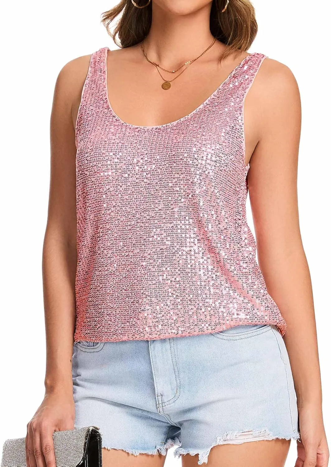 Ainuno Sequin Tops for Women Sparkly Tank Tops Sleeveless Sparkle Tanks Fashion Outfit Top