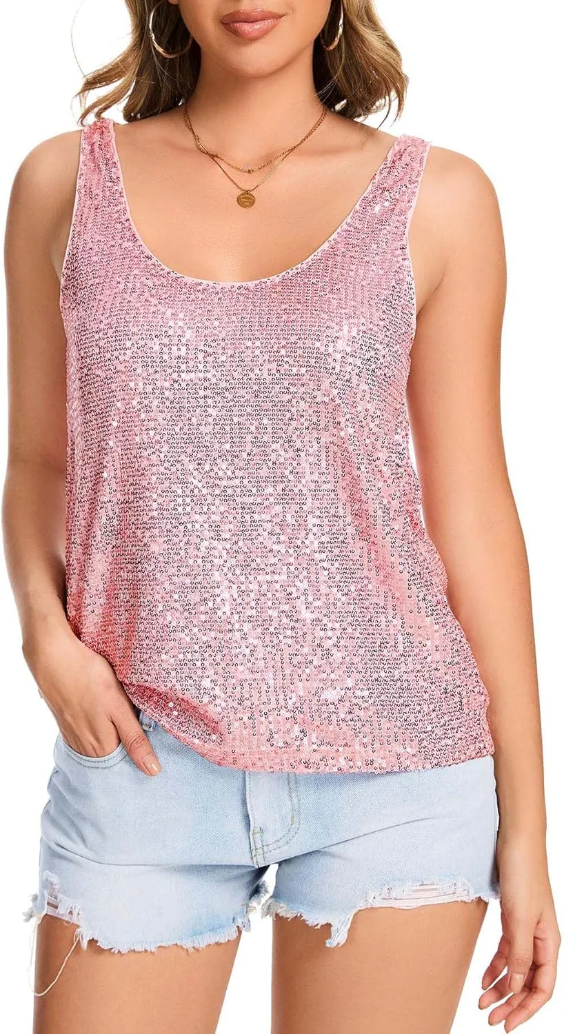 Ainuno Sequin Tops for Women Sparkly Tank Tops Sleeveless Sparkle Tanks Fashion Outfit Top
