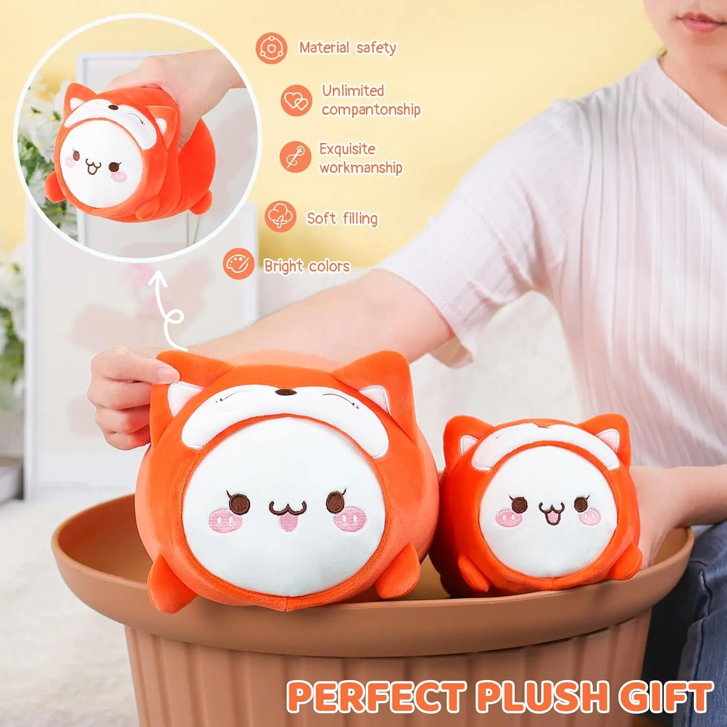 AIXINI Cute Cat Fox Plush Pillow 15.7” Kitten Foxes Stuffed Animal, Soft Kawaii Cat Plushie with Fox Outfit Costume, Hugging Plush Squishy Pillow Toy Gifts for Kids