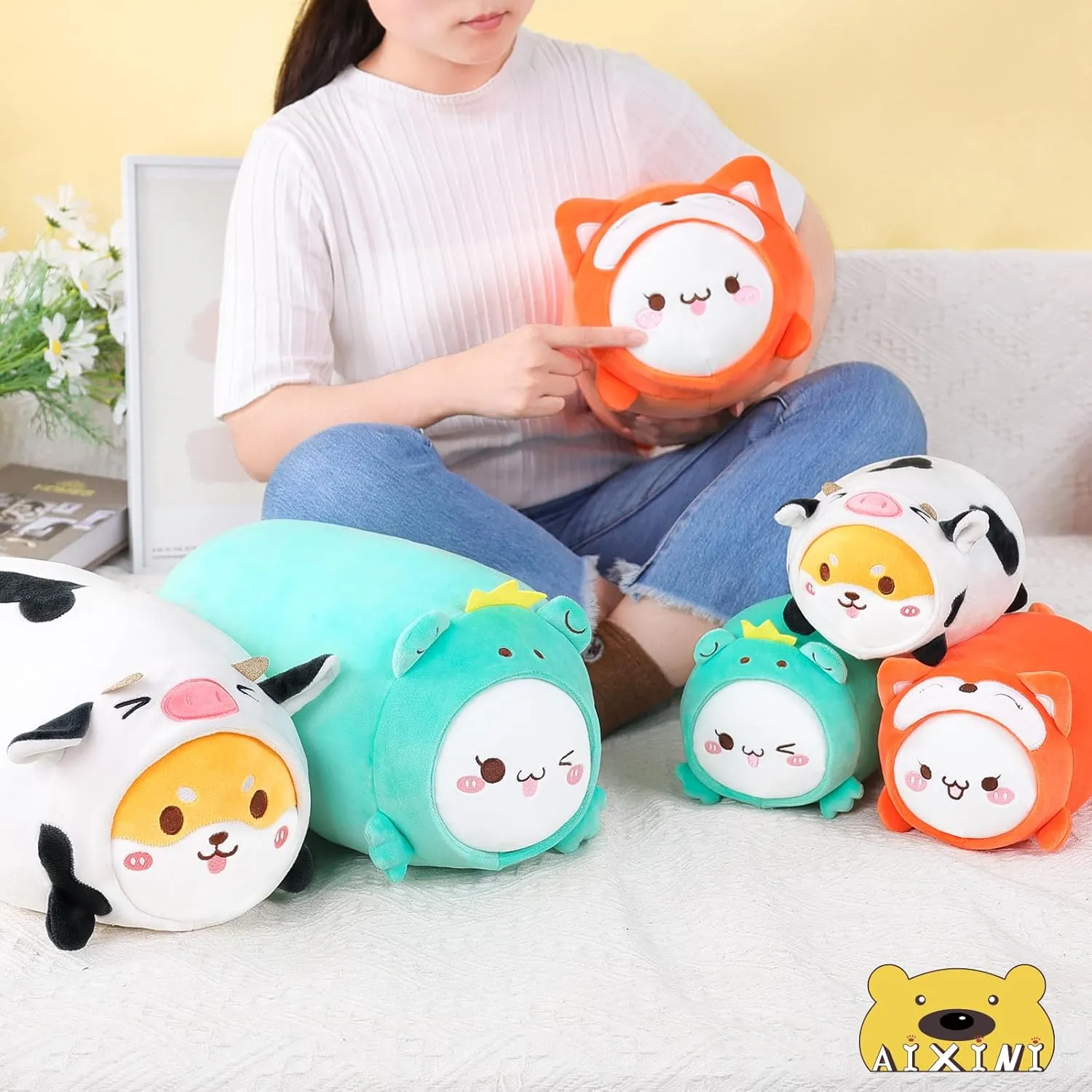 AIXINI Cute Cat Fox Plush Pillow 15.7” Kitten Foxes Stuffed Animal, Soft Kawaii Cat Plushie with Fox Outfit Costume, Hugging Plush Squishy Pillow Toy Gifts for Kids