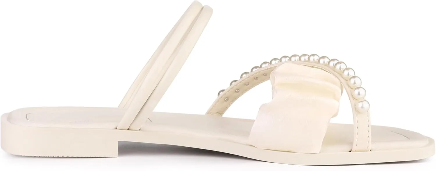 Allegra K Women's Strappy Pearl Strap Pleated Flat Slide Sandals