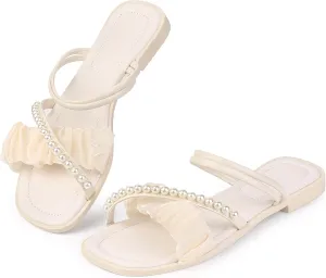 Allegra K Women's Strappy Pearl Strap Pleated Flat Slide Sandals