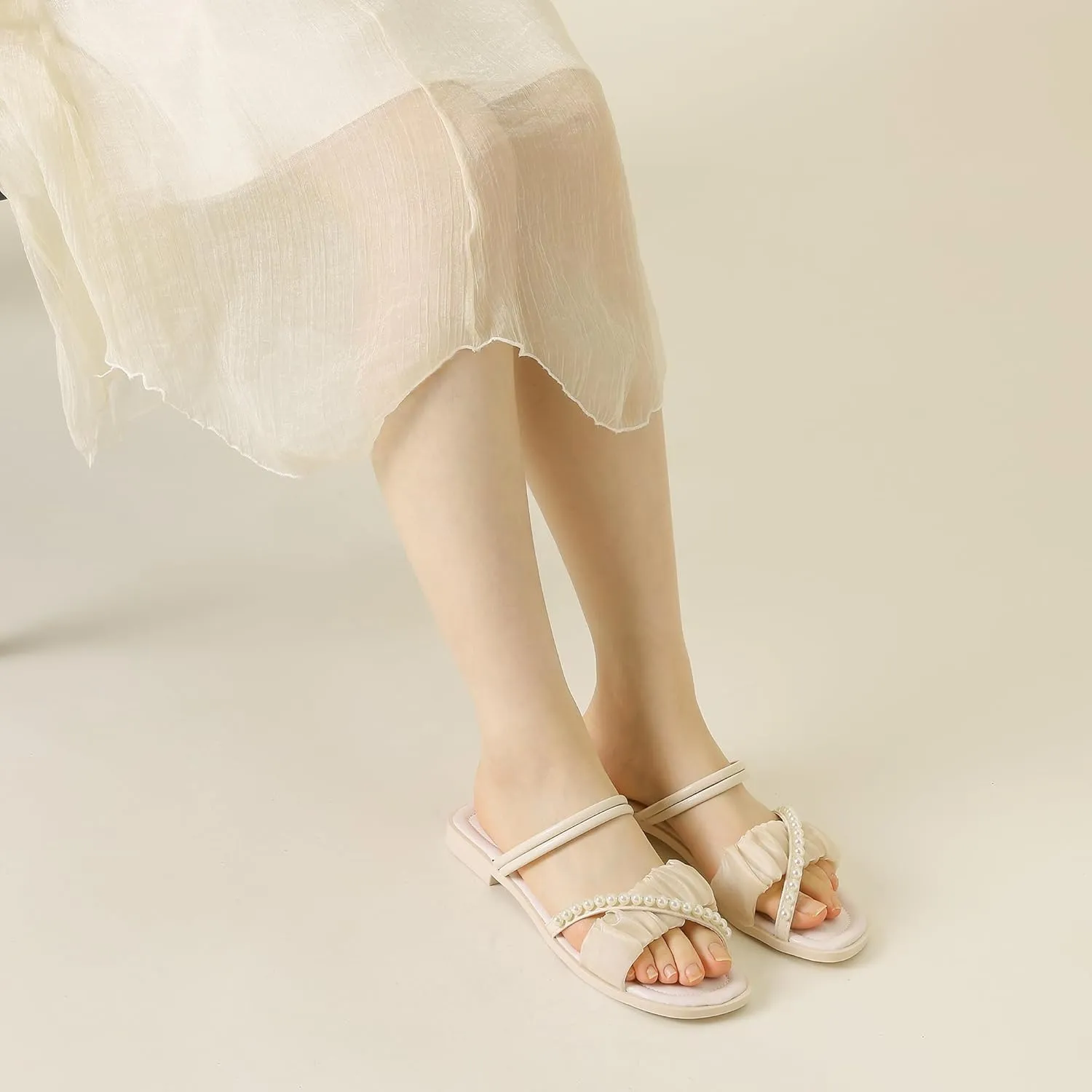 Allegra K Women's Strappy Pearl Strap Pleated Flat Slide Sandals