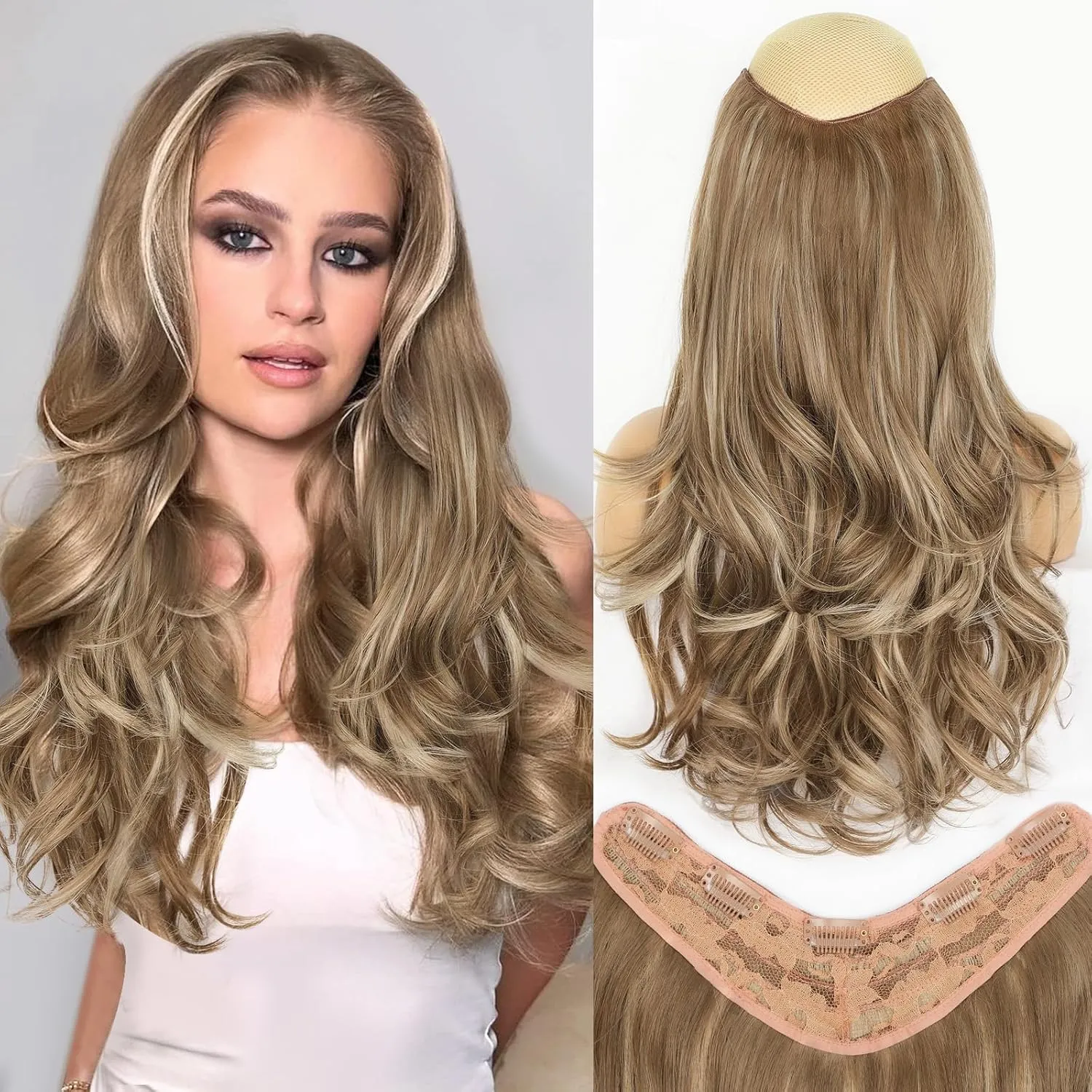 ALXNAN Long Wavy Hair Extensions for Women, Clip in Hair Extensions Clip Ins Soft Full Head Synthetic Hairpieces 20 Inch Ash Medium Brown Ash Blonde