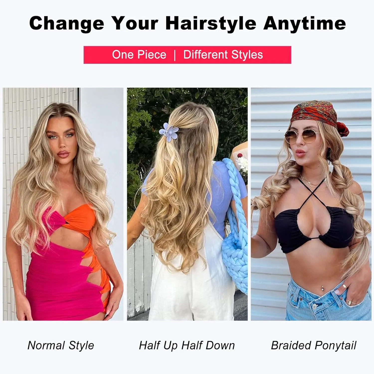 ALXNAN Long Wavy Hair Extensions for Women, Clip in Hair Extensions Clip Ins Soft Full Head Synthetic Hairpieces 20 Inch Ash Medium Brown Ash Blonde