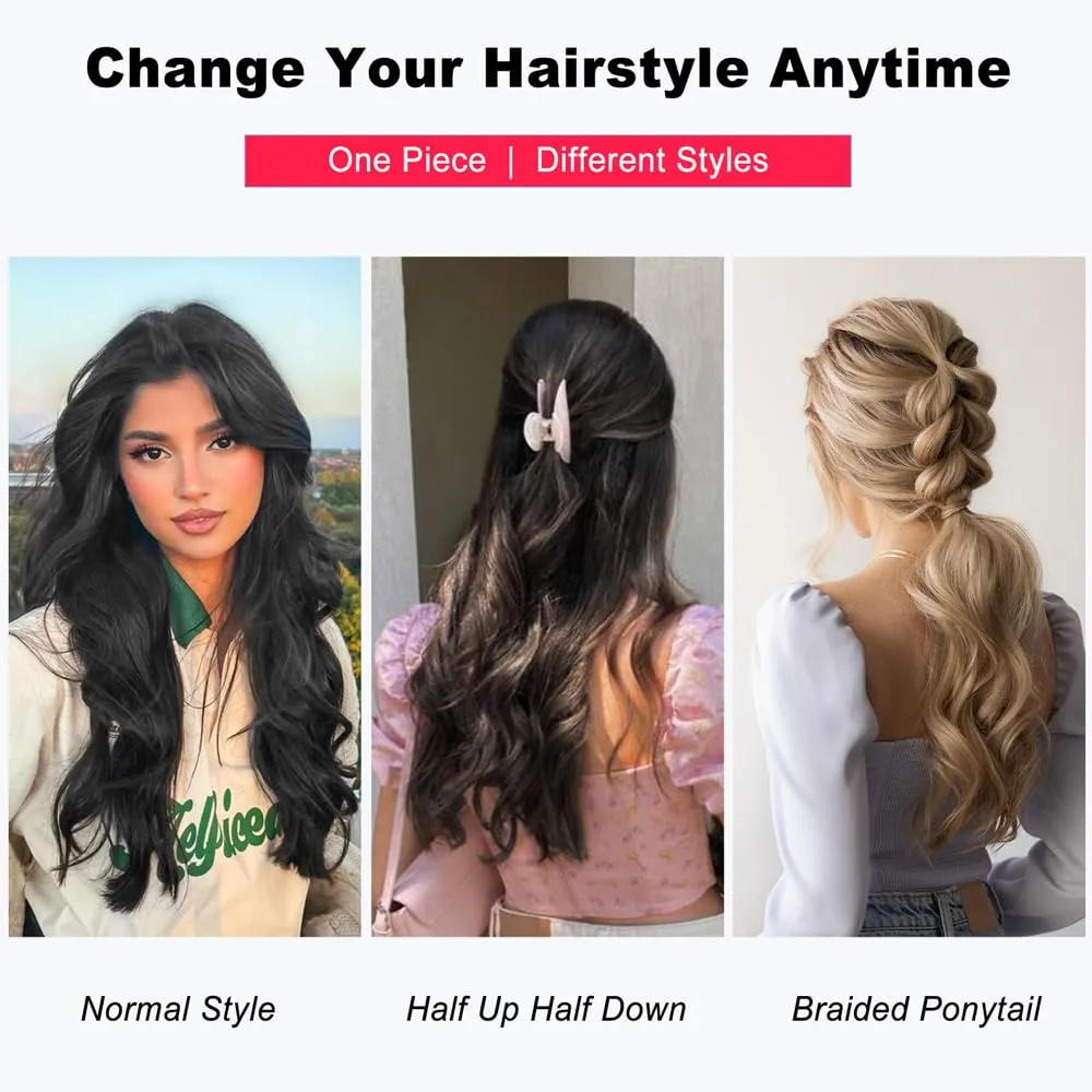 ALXNAN Long Wavy Hair Extensions for Women, Clip in Hair Extensions Clip Ins Soft Full Head Synthetic Hairpieces 20 Inch Balayage Dark Brown to Chestnut