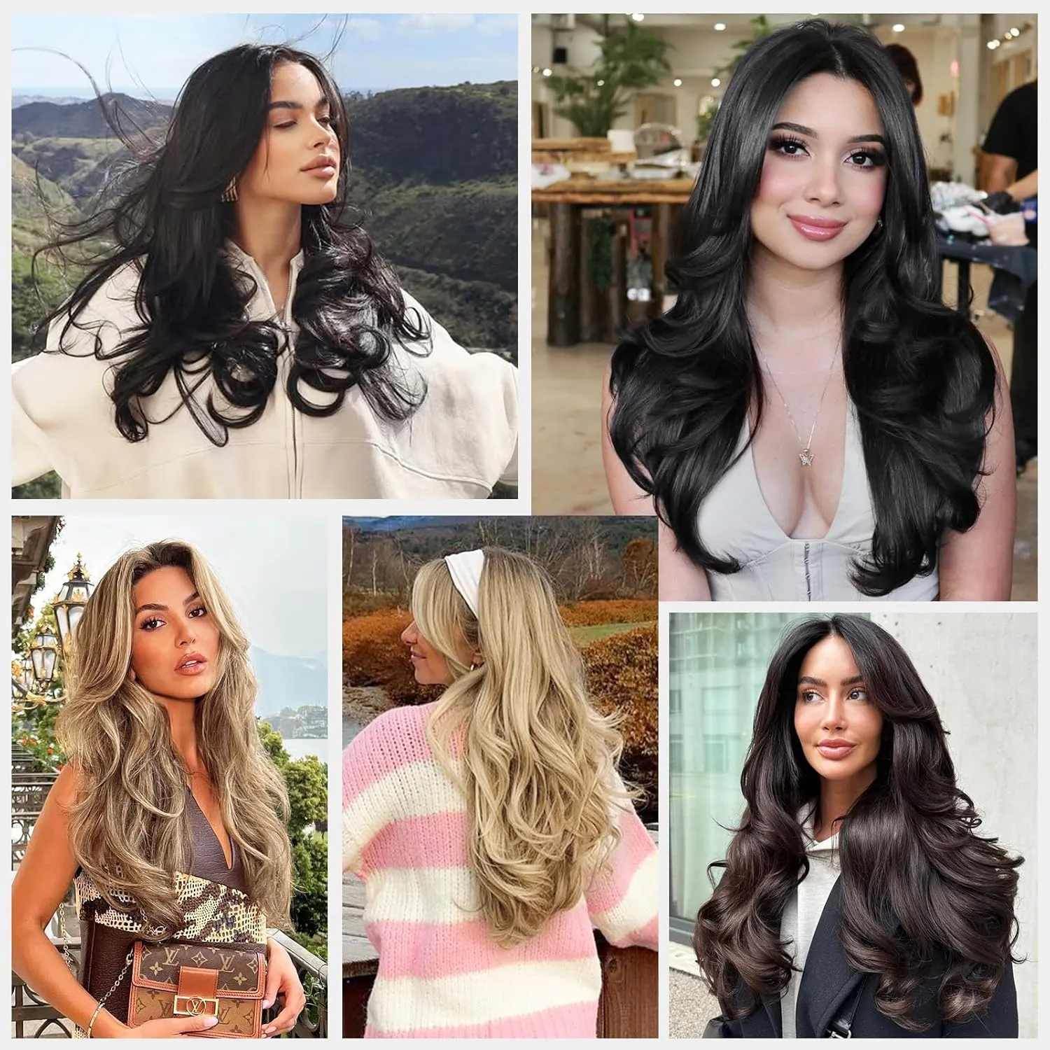 ALXNAN Long Wavy Hair Extensions for Women, Clip in Hair Extensions Clip Ins Soft Full Head Synthetic Hairpieces 20 Inch Balayage Dark Brown to Chestnut