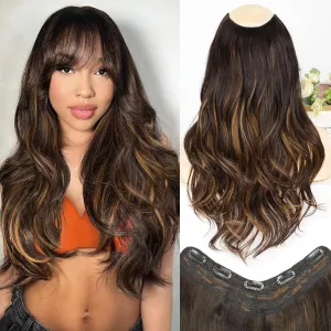ALXNAN Long Wavy Hair Extensions for Women, Clip in Hair Extensions Clip Ins Soft Full Head Synthetic Hairpieces 20 Inch Balayage Dark Brown to Chestnut