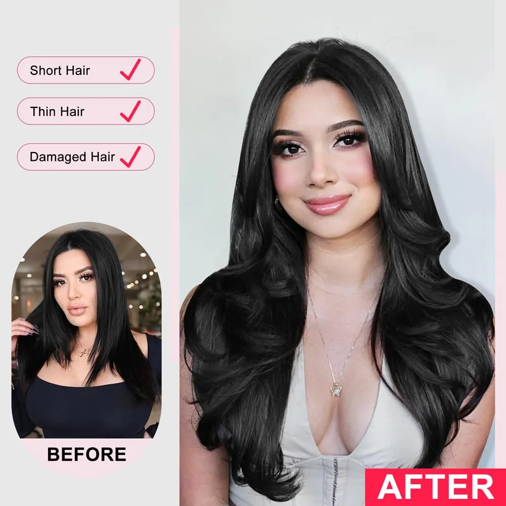 ALXNAN Long Wavy Hair Extensions for Women, Clip in Hair Extensions Clip Ins Soft Full Head Synthetic Hairpieces 20 Inch Balayage Dark Brown to Chestnut