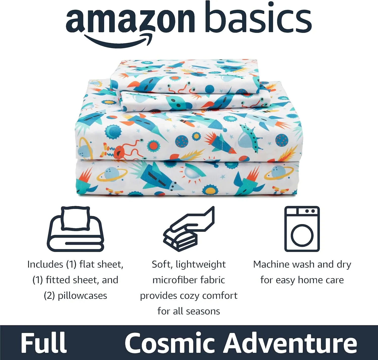 Amazon Basics Microfiber Kids' Sheet Set with Pillowcase, 4 Piece, Full, Cosmic Adventure